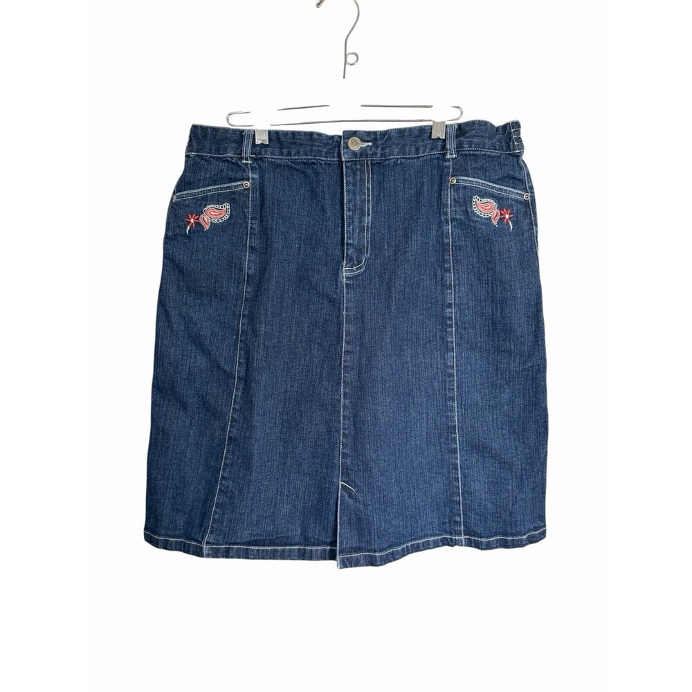 Sag Harbor Sport Sz 16 Petite Blue Denim Jean A-line Skirt Paisley Embroidered